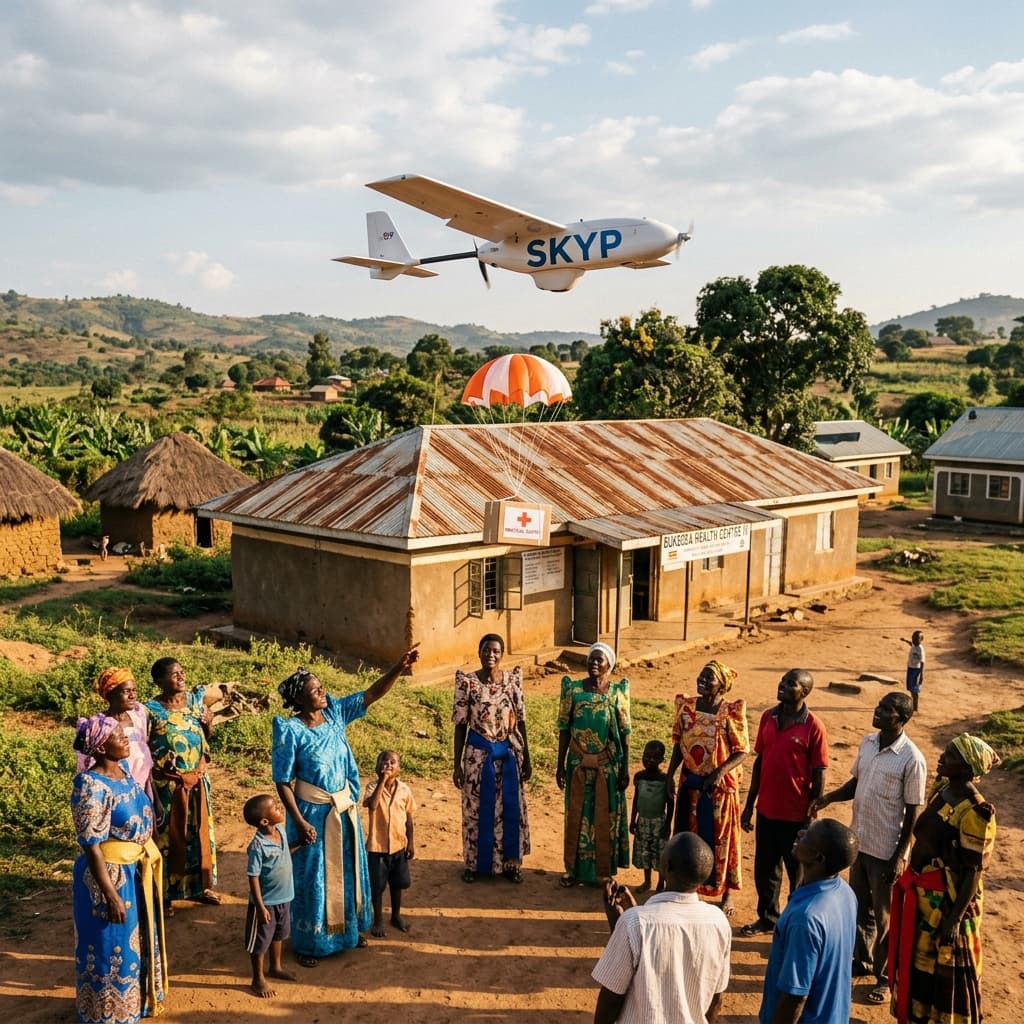 Skyp drone delivering package over landscape